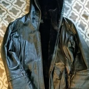 Black Genuine leather hooded Jacket
